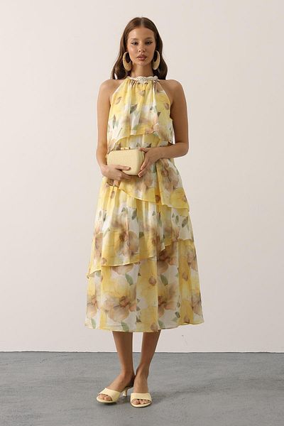 Le Savu Shilsee Flower Printed Sleeveless Floor-To-Floor Lining Dress Yellow