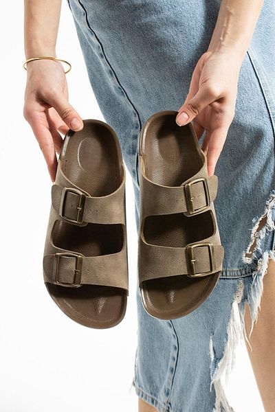 LUXEON Women's Light Brown Double Buckle Non-Slip Sole Slippers Comfortable Stylish Lightweight Sea Beach Pool Sandals