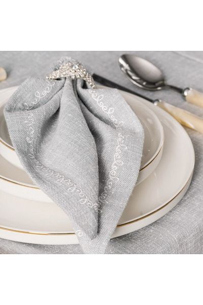 Cotton Box Embroidered Tablecloth Set, Cotton Box, Pear Grey