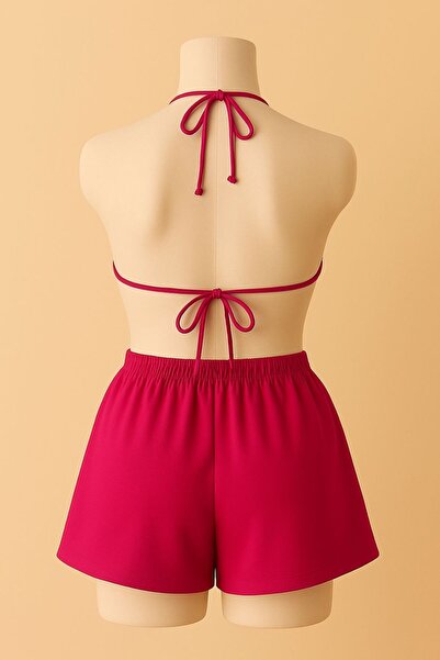 Stail Moda Kadın FUŞYA Yandan Ve Boyundan Şort Bağlamalı Tangalı Üçgen Bikini Gecelik Deniz Takımı