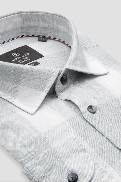 Abbate Lieno Linen Linen Comfort Fit Light Green Classic Collar Men's Checkered Shirt