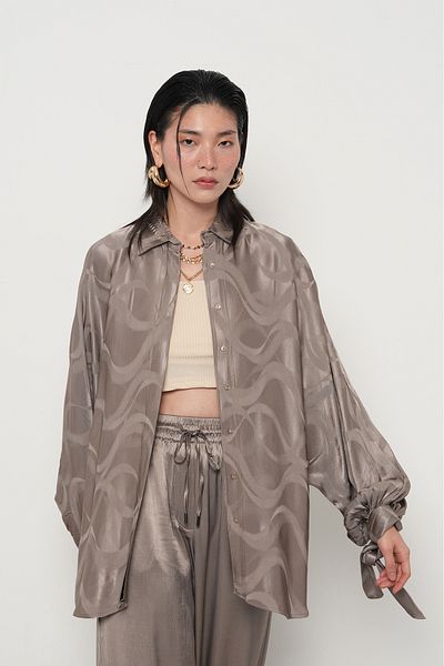 Orfeo Negro Women's Patterned Sleeves Tie Gray Shirt