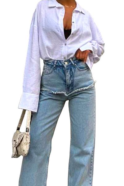 FashionForYou Blugi Austin Slim Fit Mom, cu franjuri și talie înaltă, albastru deschis, 40