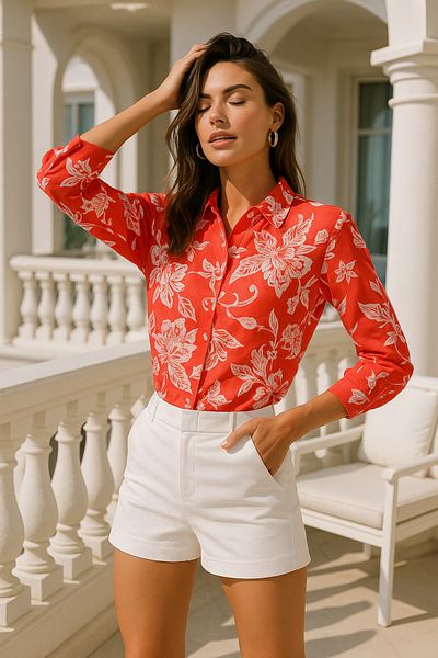 Rich Women's Pomegranate Flower Floral Patterned Poplin Hidden Button Detailed Slim Fit Trend Shirt