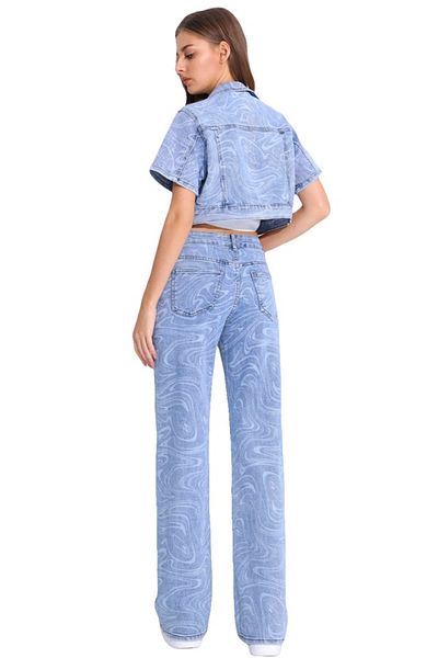 FashionForYou Blugi Phoenix Wave pentru femei, croială lejeră, cu imprimeu geometric, albaștri, mărimea XS