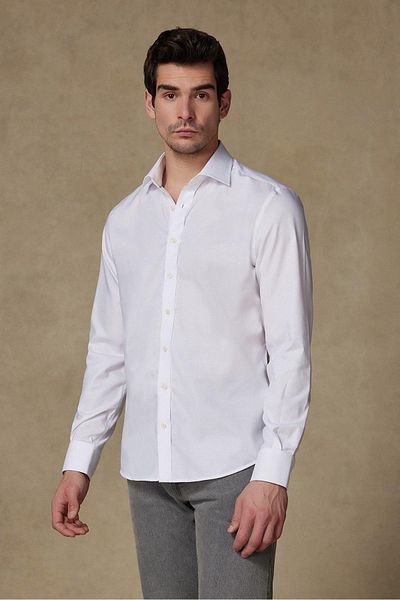 Abbate Enzo Poplin Stretch Cotton Blend Slim Fit White Classic Collar Men's Solid Shirt