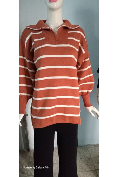 LocaMz Collar Zippered Striped Knitwear Tunic