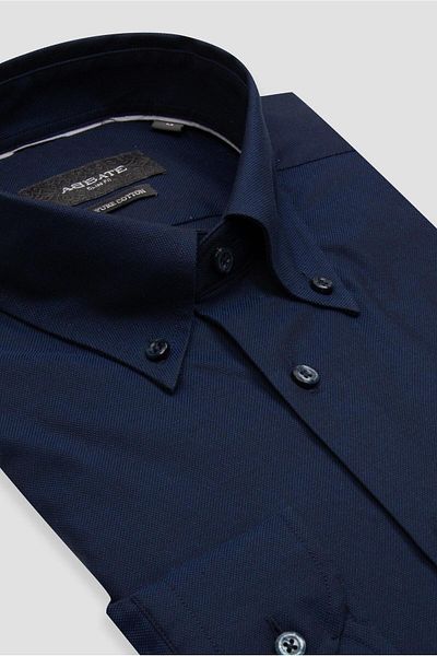 Abbate Carlo Royal Oxford Cotton Slim Fit Navy Blue Button Collar Men's Solid Shirt