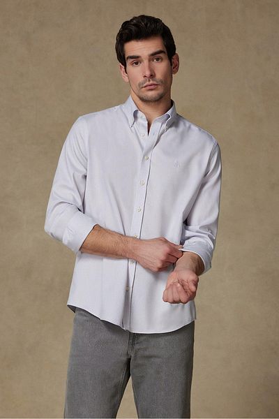 Abbate Matteo Royal Oxford Cotton Comfort Fit Light Gray Button-Down Collar Men's Solid Shirt