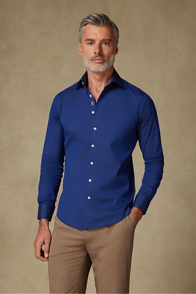 Abbate Sartoria Poplin Stretch Cotton Blended Slim Fit Navy Blue Italian Collar Men's Solid Shirt
