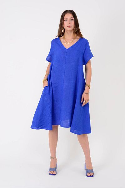 Park Moda 71301 Front Back V-Neck Short Linen Dress