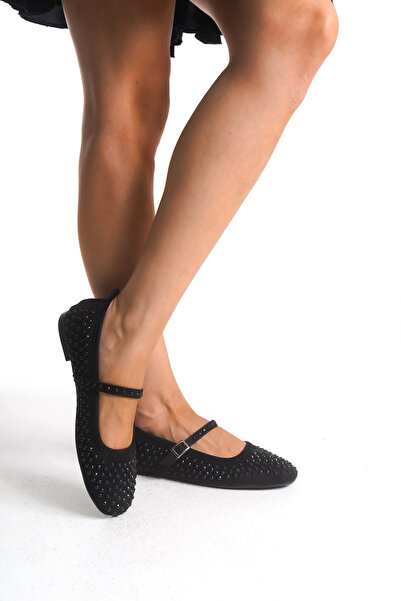 Solo Bag Women's Black Stone-Displayed Daily Stylish Black Ballerina Shoes with a Barrel