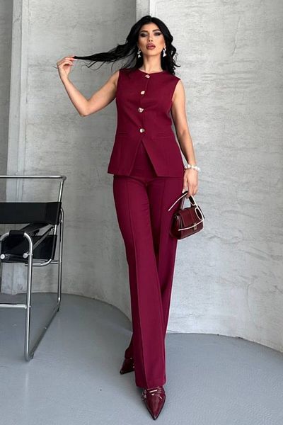 AKD Atelier Women's Double Bottom Top Set Stylish Button Detailed Crew Neck Regular Vest Pants Set