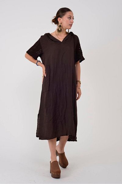 Park Moda 11201 Lova Lattice Hooded Detail Linen Dress