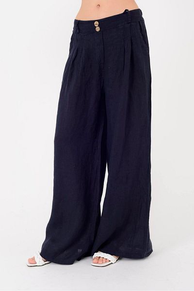 Park Moda 30550 Button Detail Pleated Palazzo Linen Pants