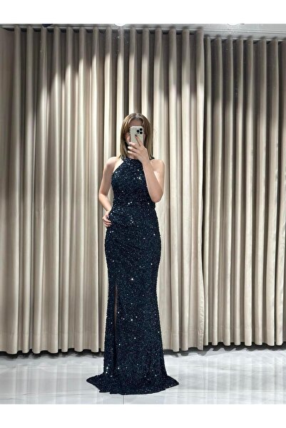 Kaleiçi Yıldızlar Lacivert Halter Yaka Pul Payet İşlemeli Abiye 1004