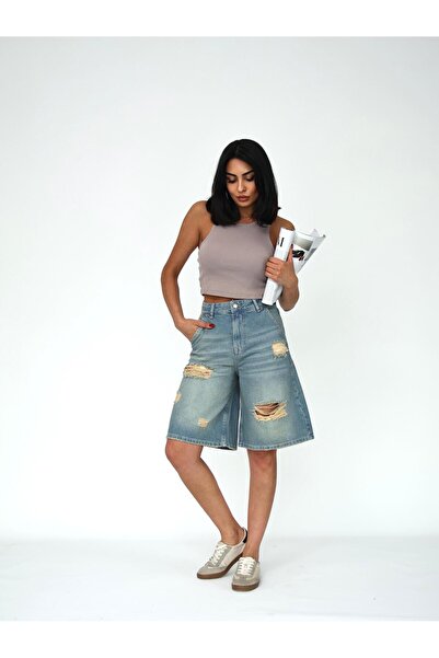 Zeo Basic KADIN BERMUDA TİNT YIRTIK DETAYLI KOT ŞORT