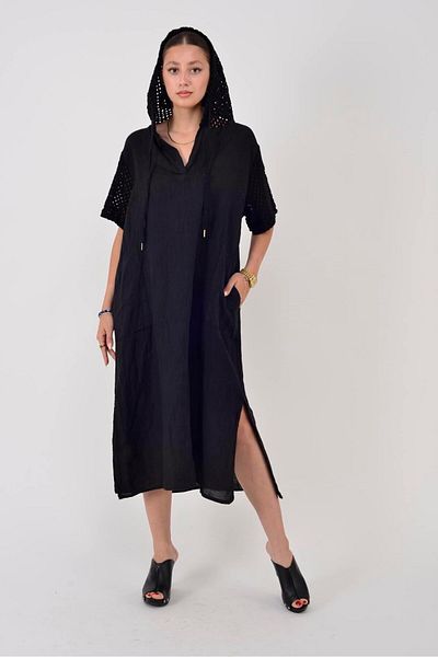 Park Moda 11201 Lova Lattice Hooded Detail Linen Dress