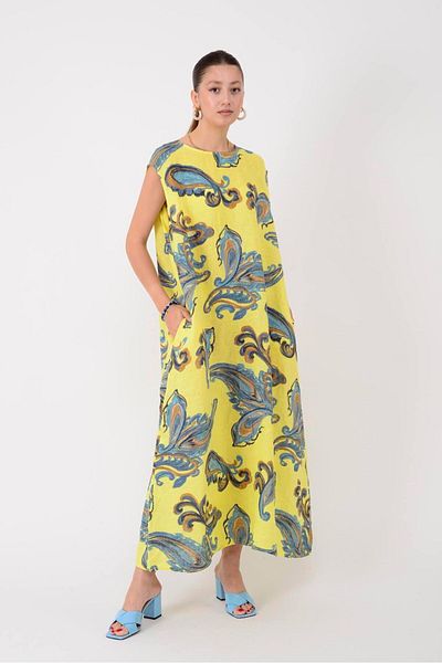 Park Moda 25109 Lova Back Button Detail Shal Pattern Linen Dress