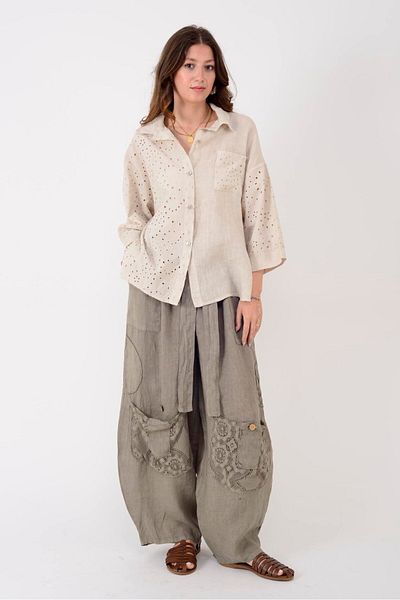 Park Moda 7321 Lace Detail Belt Linen Pants