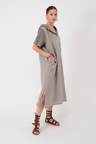 Park Moda 11201 Lova Lattice Hooded Detail Linen Dress