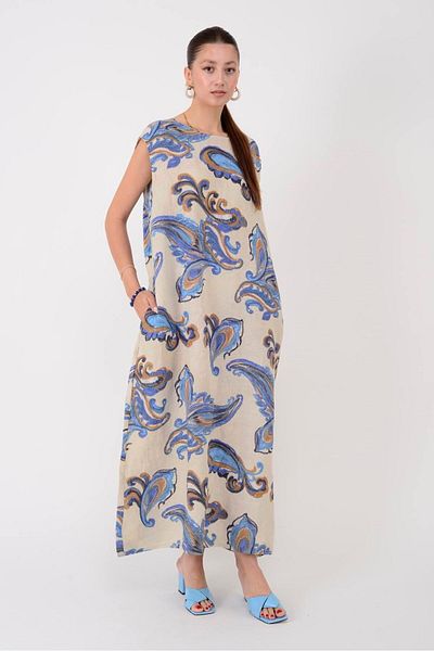 Park Moda 25109 Lova Back Button Detail Shal Pattern Linen Dress