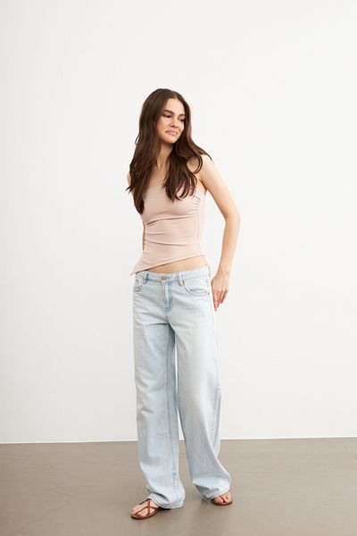 Ladima Women's Gathered Asymmetrical Strapless Powder Blouse