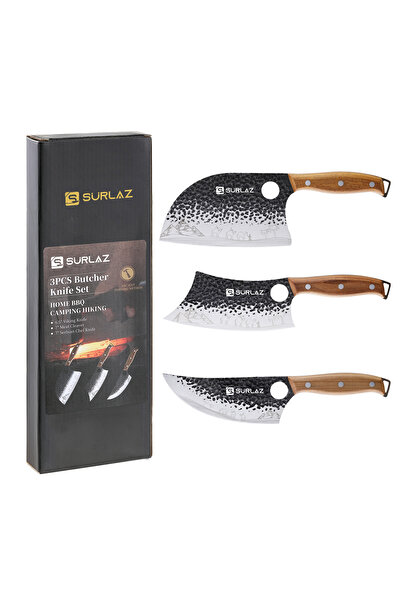 SürLaz Kişiye Özel 3’lü Et Mutfak Bıçağı Seti Sırp Şef Bıçak, Satır Bıçağı, V...
