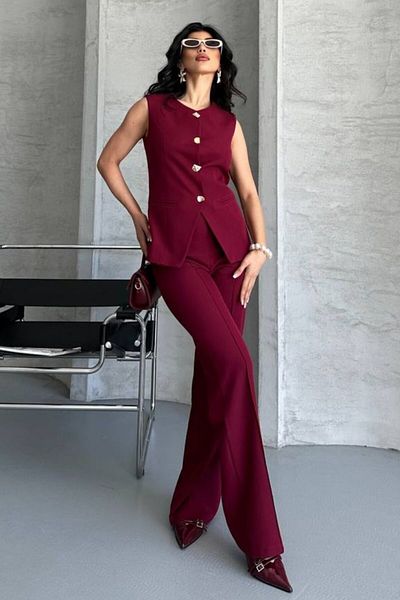 AKD Atelier Women's Double Bottom Top Set Stylish Button Detailed Crew Neck Regular Vest Pants Set