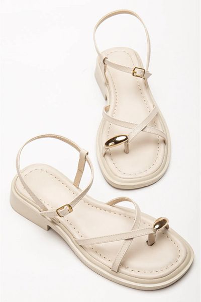 Cozi company Bej Crem Piele Mate Sandale Confortabile Pantofi cu detaliu inel cu un deget