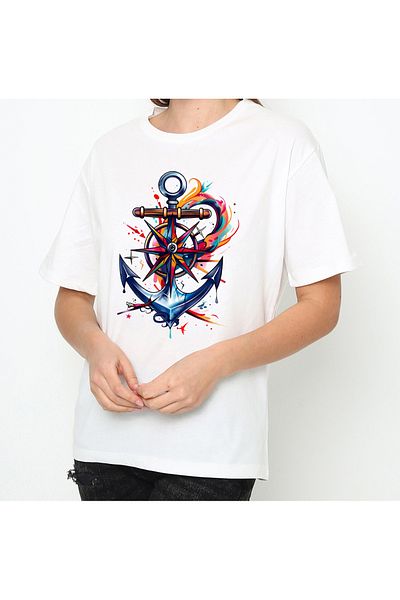 VOICTEC Women's Oversize Anchor Printed Crew Neck T-Shirt