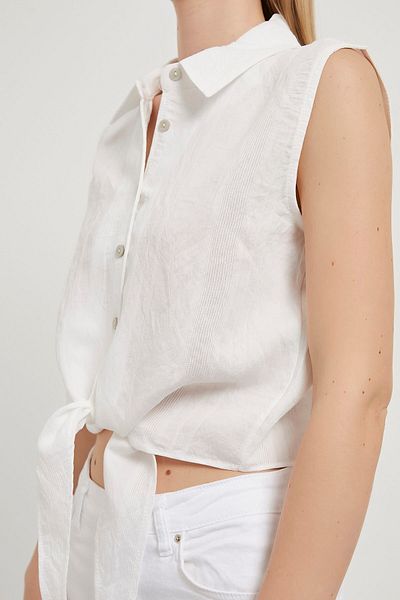 Modasultan Front Tie Line Textured Sleeveless Viscose Fabric Women's Shirt