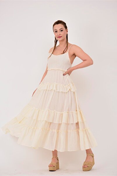 Park Moda AN10590 FIRFIR DETAY VOLANLI ASKILI HAM BOHEM ELBİSE