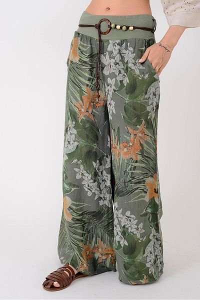 Park Moda 8730 Flower Pattern Wide Leg Belt Pants