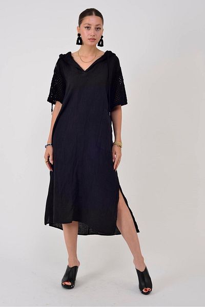 Park Moda 11201 Lova Lattice Hooded Detail Linen Dress