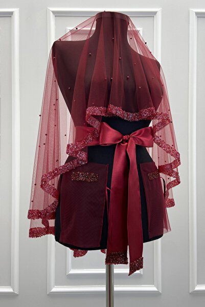 ZEYMERADE Bordo Gelin Duvak Seti, Cam Boncuk Ve İncili, Kına Gecesi Duvağı Yü...