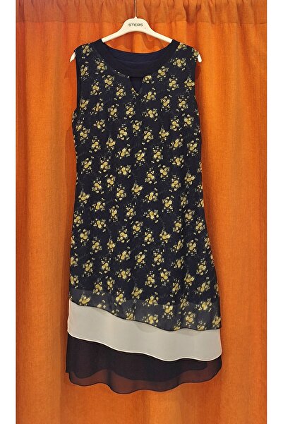 YILDIRIM GÜNGÖR Etek Ucu Katlı Çiçek Desenli Şifon Midi Boy Elbise