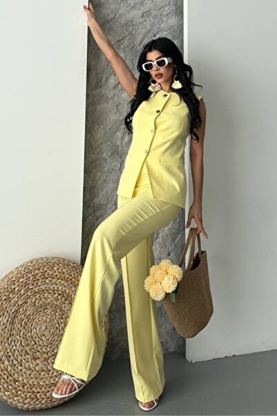 AKD Atelier Women's Double Bottom Top Set Stylish Button Detailed Crew Neck Regular Vest Pants Set