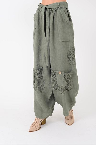 Park Moda 7321 Lace Detail Belt Linen Pants