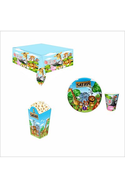 ZENVİVA Safari 8 Plates, 8 Glasses, Tablecloth, 8 Corn Boxes