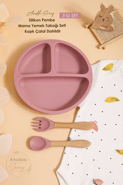 Anadolu Saray Silicone Food Dinnerware Set for Pink Baby Pink Compartment Plate Spoon Fork Set