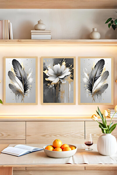kutuTR ✨ Altın Detaylı Çiçek ve Tüy Desenli 3’lü Çerçeve Görünümlü Tablo Seti...