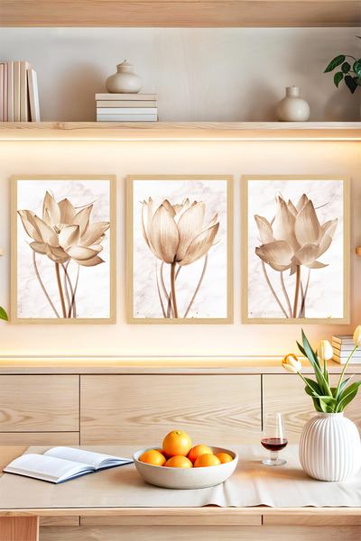 kutuTR 🌸 Zarafetin Yeni Yüzü: Sepya Lotus Çiçekleri Temalı 3’lü Çerçeve Görü...