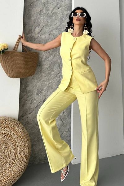 AKD Atelier Women's Double Bottom Top Set Stylish Button Detailed Crew Neck Regular Vest Pants Set