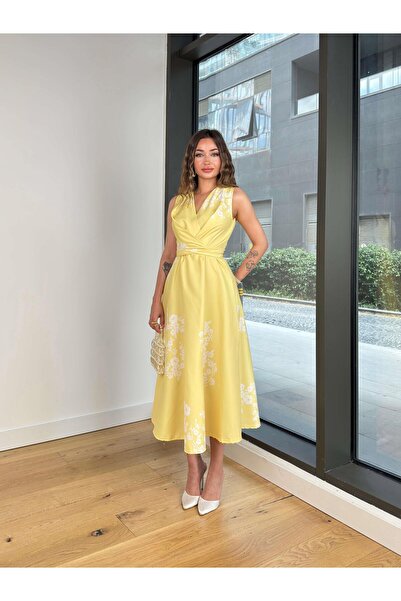 modaçelikler V Yaka Belden Bağlama Detaylı Opsen Sarı Kadın Elbise 25Y494