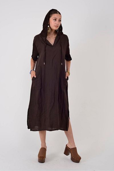 Park Moda 11201 Lova Lattice Hooded Detail Linen Dress