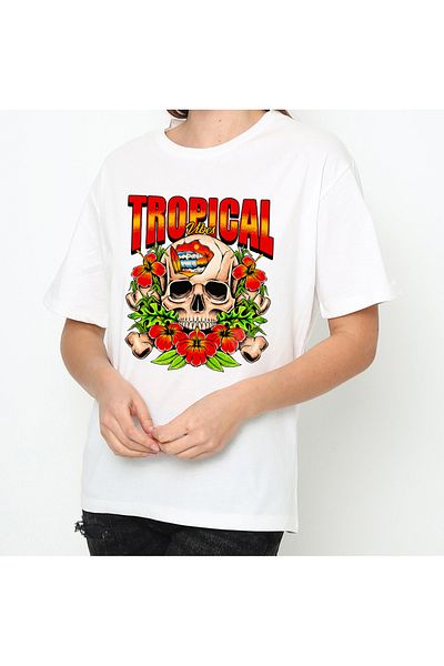 VOICTEC Women's Oversize Skull Printed Crew Neck T-Shirt