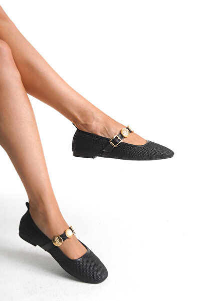 Solo Bag Women's Daily Stylish Ringed Straw-Like Look Adjustable Elastic Buckle Black Ballerina Shoes