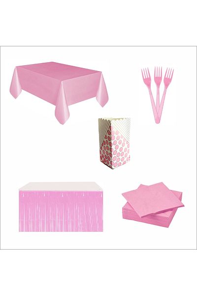 ZENVİVA Pink Table Cloth, Pink Table Skirt, 10Pcs Napkins, 10Pcs Forks, 8Pcs Corn Boxes