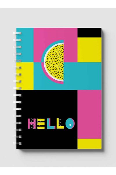 LOWHA دفتر ملاحظات حلزوني مع غلافين أمامي وخلفي صلبين يتميز بتصميم Hello القديم والأشكال الملونة